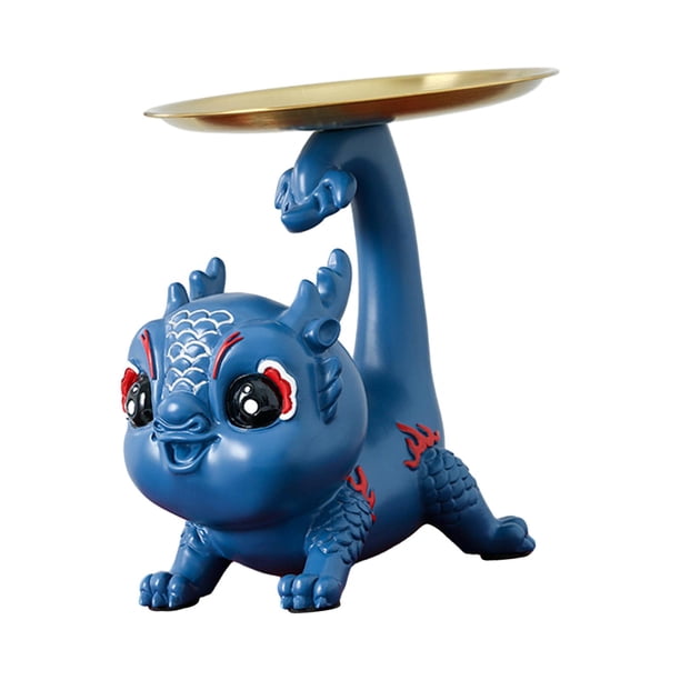 Estatua de dragón chino de resina, cuenco para llaves, bandeja de joyería, decoración del Festival de Primavera, pequeña escultura de dragón para el , azul