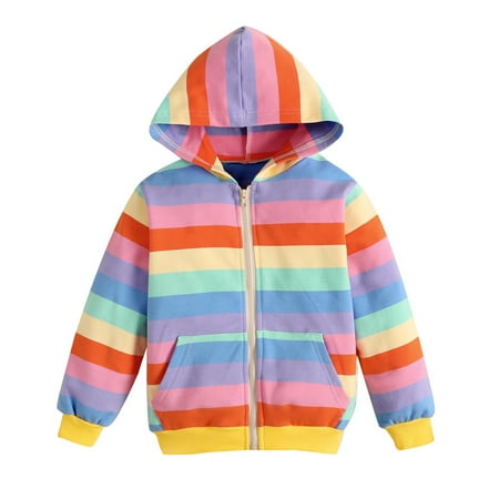 

SYNPOS Toddler Kid Little Girls Zip-Up Rainbow Striped Hoodie Sweatshirt Jacket