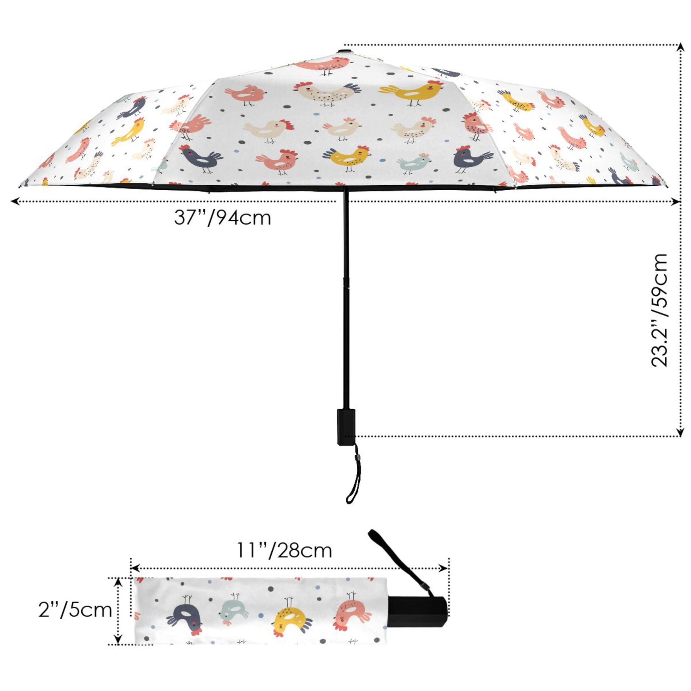 Cute Chicken and Dots Compact Sun Umbrella Windproof Travel Umbrellas for Rain Strong Portable UV Protection