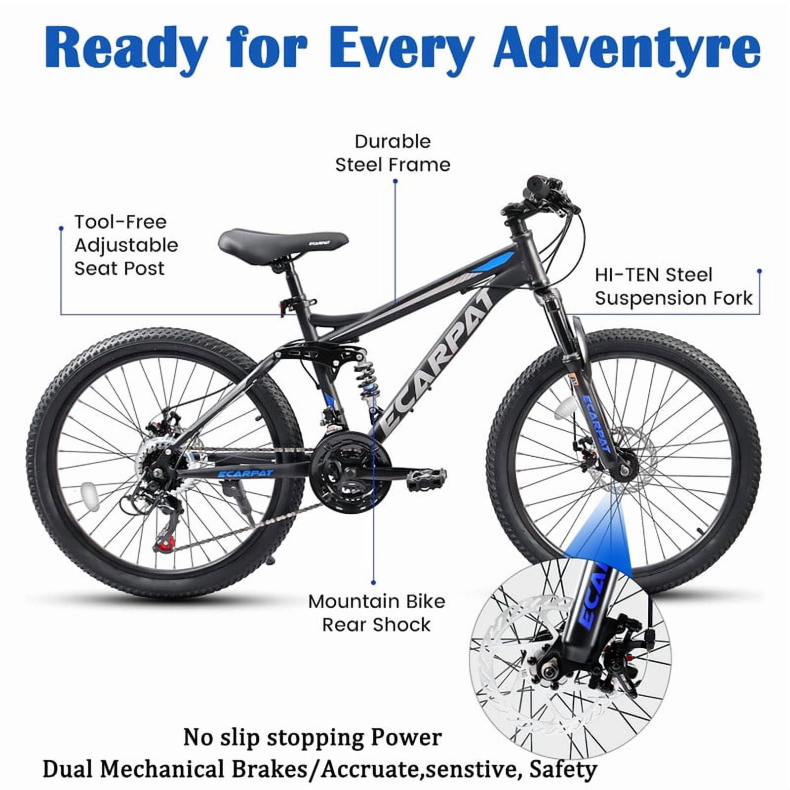 Mountain Bike 24 Inch Wheels, 21 Speed Dual Full Suspension Mountain Bicycle, High Carbon Steel Frame, Mens Womens Mountain Bikes, Birthday Gift Choice(Black)