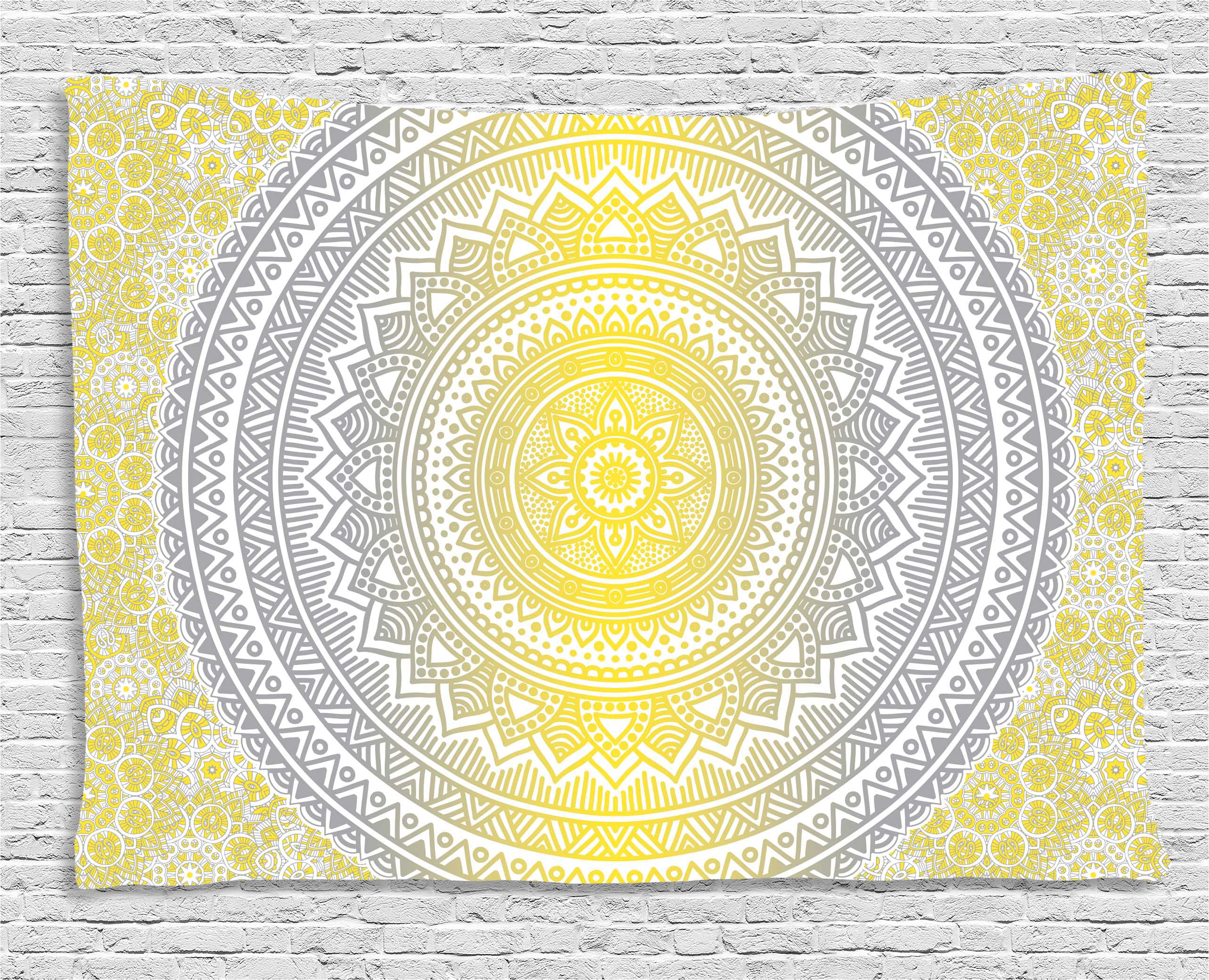 Grey And Yellow Tapestry Soft Pastel Color Ombre Ethnic Indian Mandala Circular Art Medallion Print Wall Hanging For Bedroom Living Room Dorm Decor