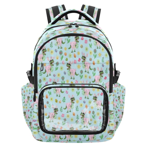 Qxltty Blue Fun Dinosaur Backpack School Bookbag with Clear PVC Front Pocket, Laptop Compartment, Water Resistant Travel Daypack for Students