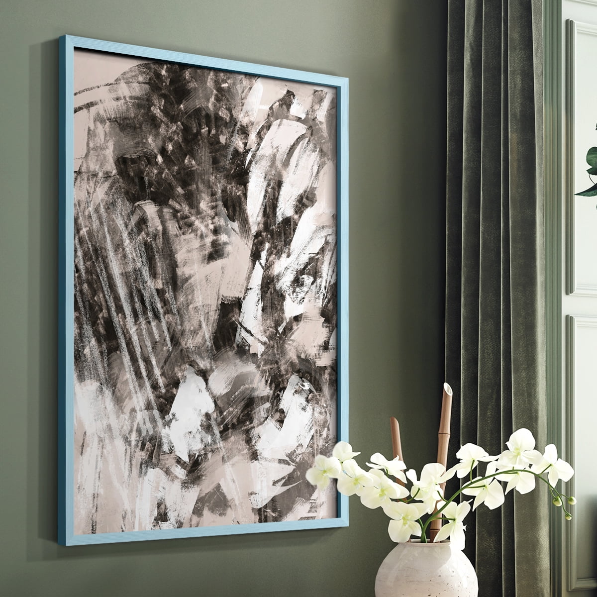 Blush Blackboard I Framed Print in Blue Solid Wood Framed Print No Nail Hanging