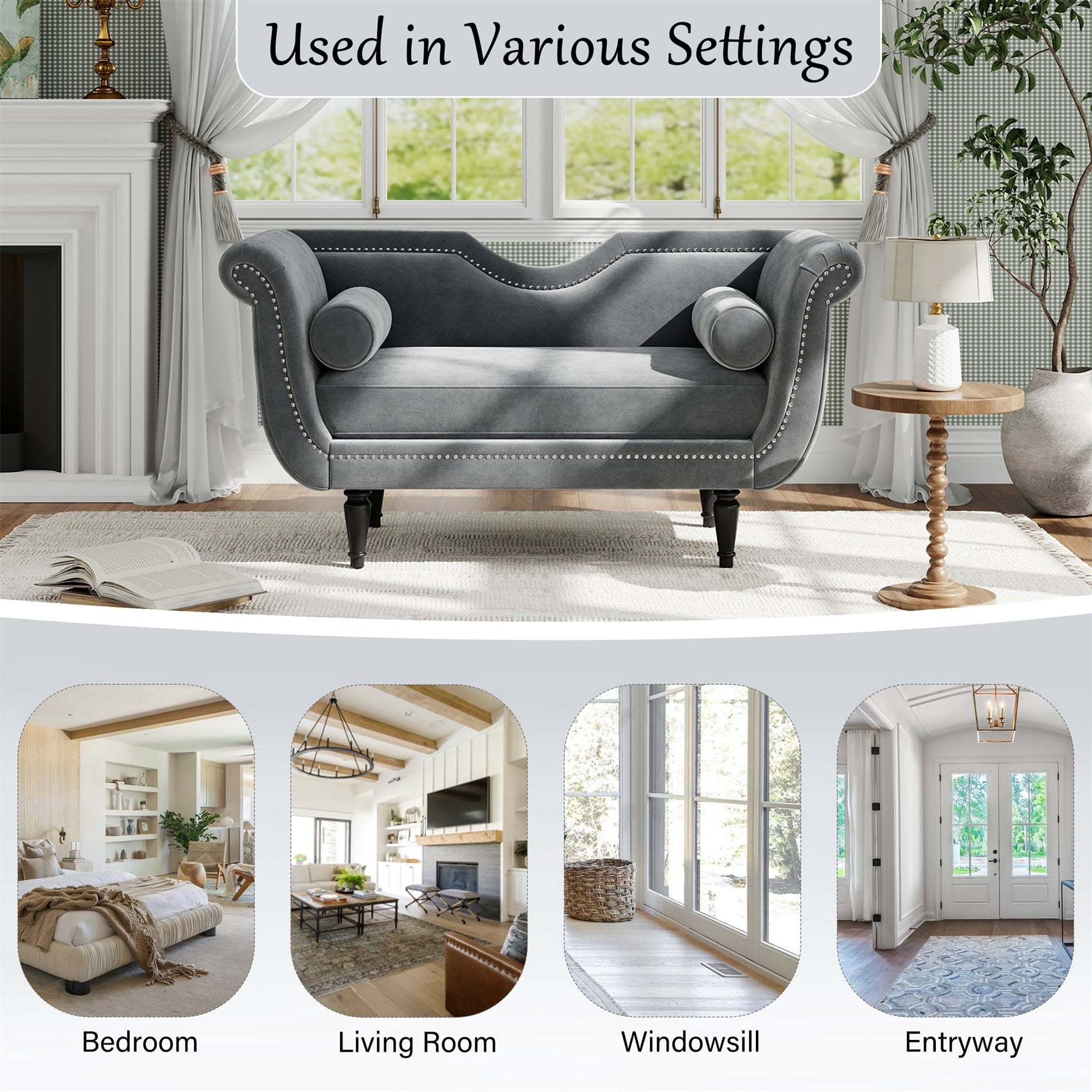 Alvantor 53'' End of Bed Benches with Nailhead Trim & Curved Arms Velvet Upholstered Bench with Pillows for Bedroom,Living Room, Entryway Gray