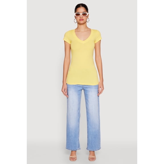 Rainbow Shops Female Adult V Neck Basic Short Sleeve Tee Ambiance, Short Sleeves, V-Neck, T-Shirt, Solid