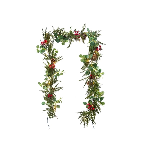 1.8 Meter 20 Led Berry Pinecone Christmas Garland With Warm White Lights, Battery Powered Mantel Tabletop Decor, Festive Holiday Design