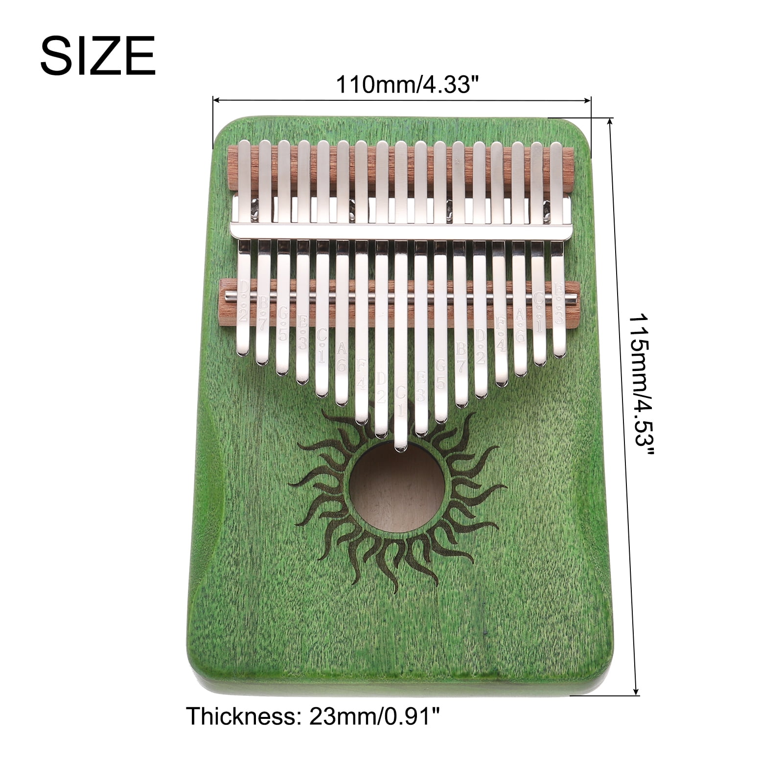 Uxcell 17 Keys Thumb Piano, Green Mini Portable Finger Piano Maple Wood Sun Pattern with Protective Bag, Tune Hammer