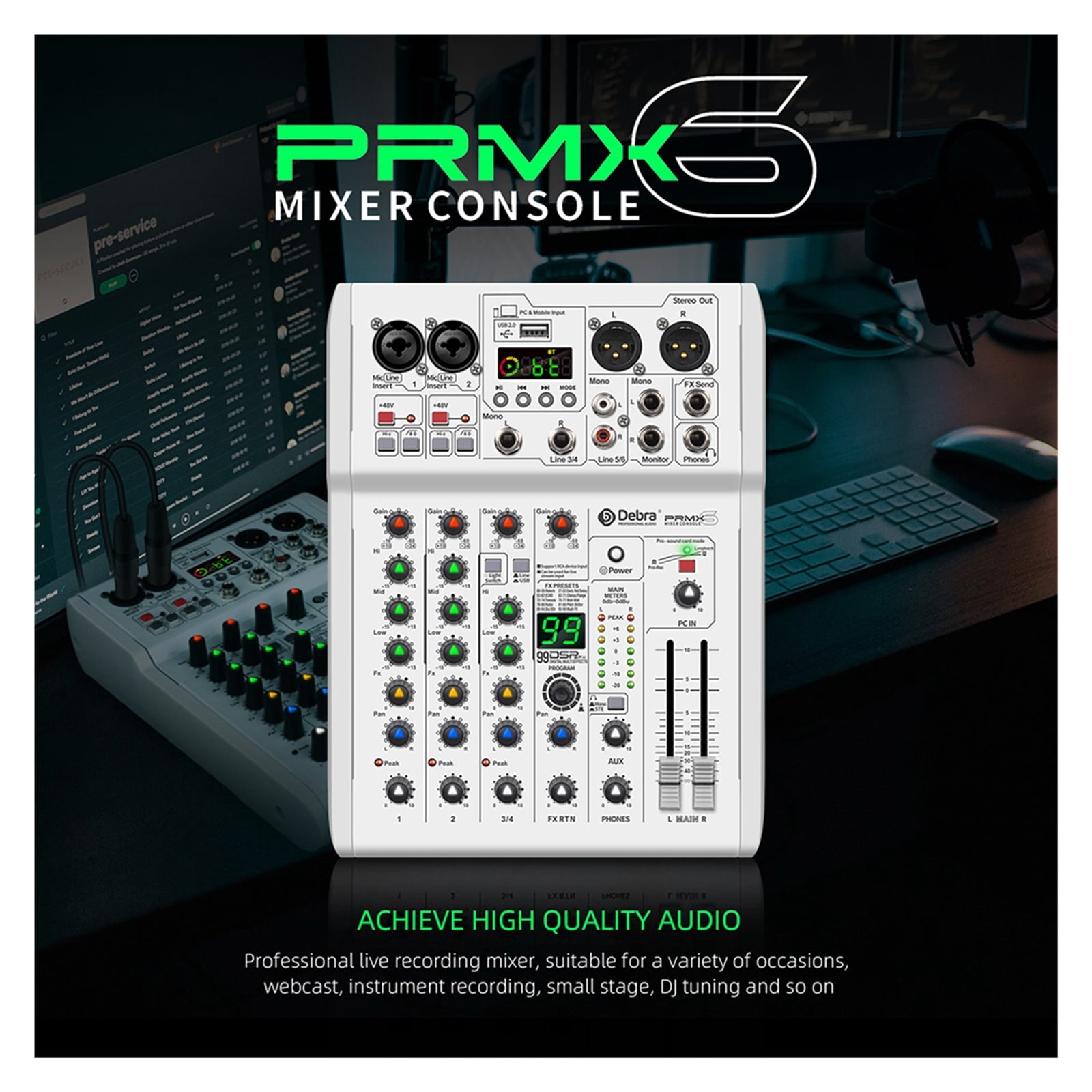 DJ Console Mixer 99 DSP Effects Mixing Console PRMX-6 With 5.0 BT 24bit/192k For Recording Musical Instrument ,Easy to Operate
