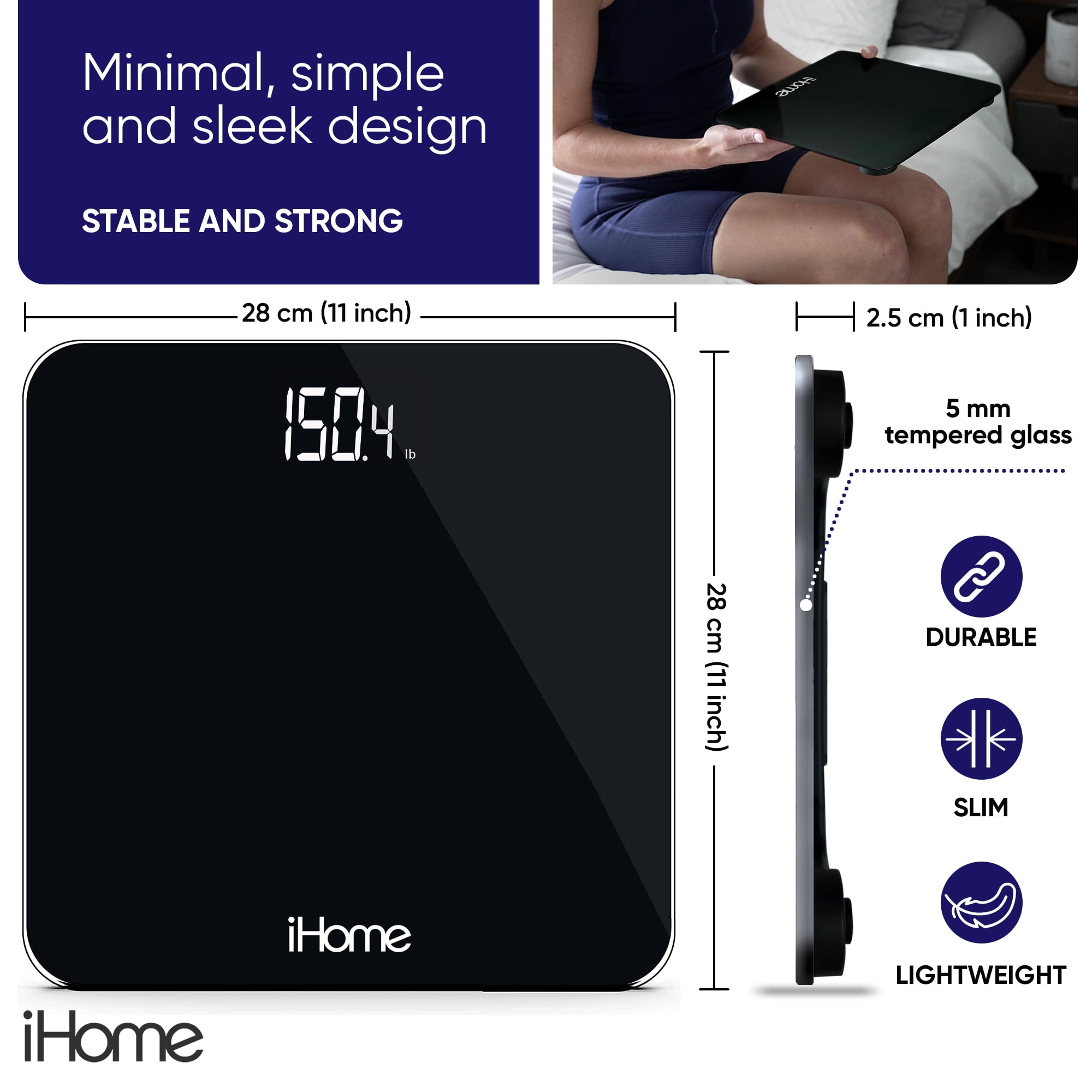 iHome Digital Battery Powered Bathroom Scale with Fit+ Personal Coach App, FSA and HSA Eligible, Black, 397 lbs Capacity