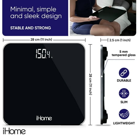 iHome Digital Battery Powered Bathroom Scale 397 lbs with Fit  Personal Coach App, FSA and HSA Eligible, Black