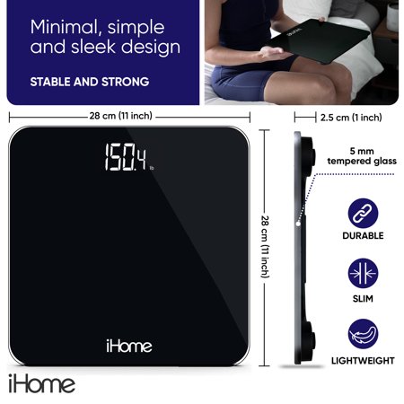 IHOME DIGITAL BATTERY POWERED BATHROOM SCALE WITH FIT+ PERSONAL COACH APP, FSA AND HSA ELIGIBLE, BLACK, 397 LBS CAPACITY