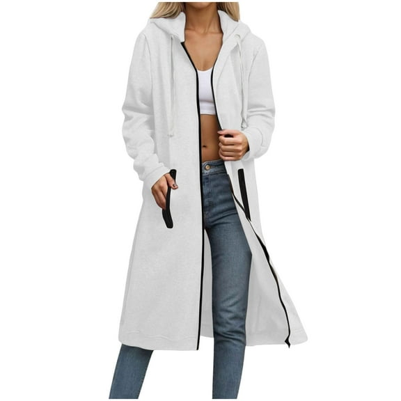 Edvintorg Zip Up Hoodie Women Solid Color Double Pocket Long Sweatshirt Long Sleeve Hooded Casual Jacket 2025 Winter Clothes White XXL