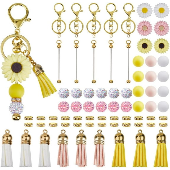 DIY 6 Sets Keychain Making Kits Keychain Bar Bulk Daisy Flower Bead Round Silicone Focal Beads Beaded Bars Beadable Key Chains for Women Adults Gift Holiday Party Favor Supplies Mixed Color