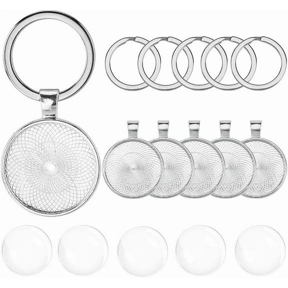 1 Box 20 Set Keychain Making Kit Cabochon Charm Bezel Blanks Silver Metal Alloy Glass Round Basic Iron Split Key Rings Trays Set for Craft Supplies Colorful