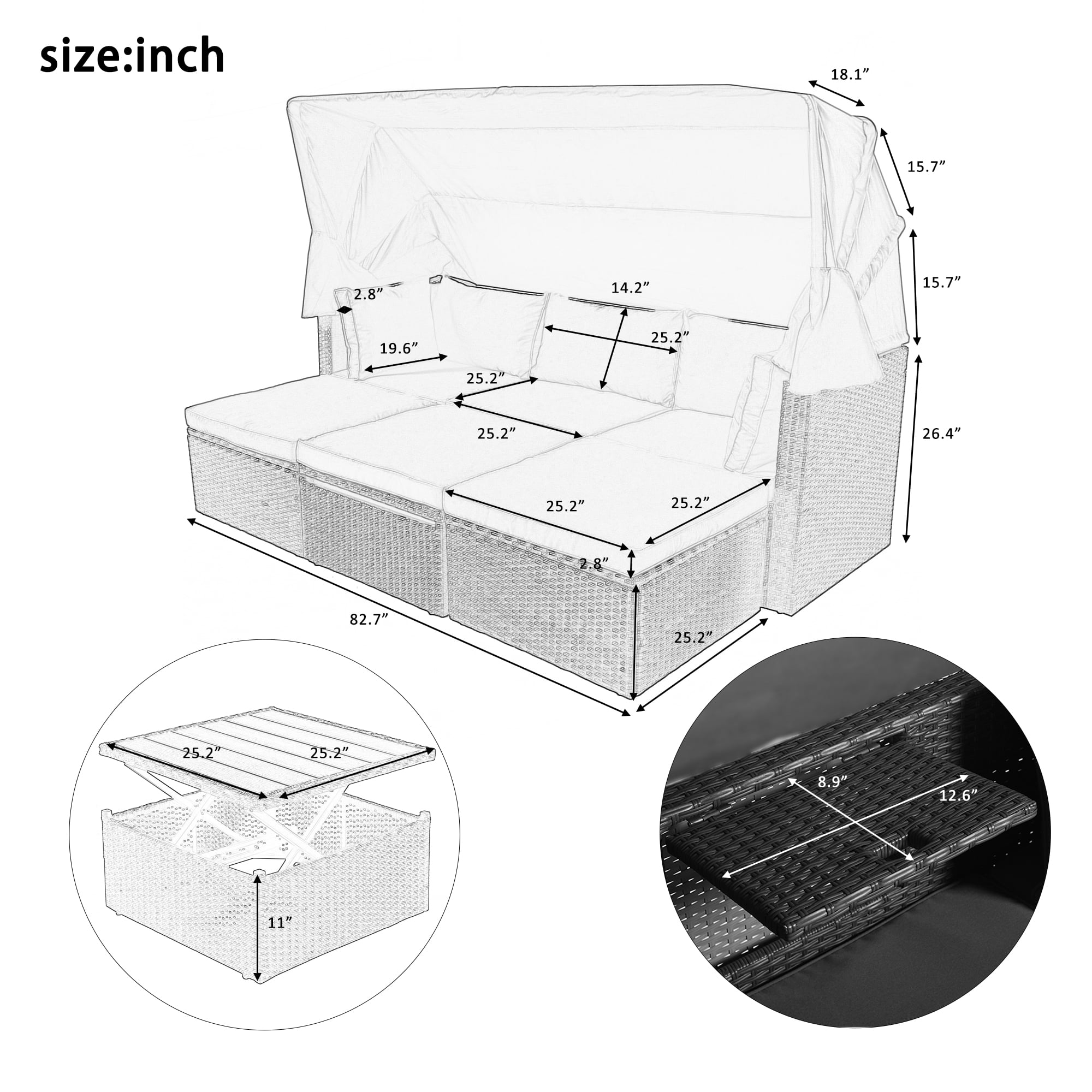 MAYEERTY Patio Rectangle Outdoor Sofa Wicker Sectional Retractable Canopy Washable Cushions