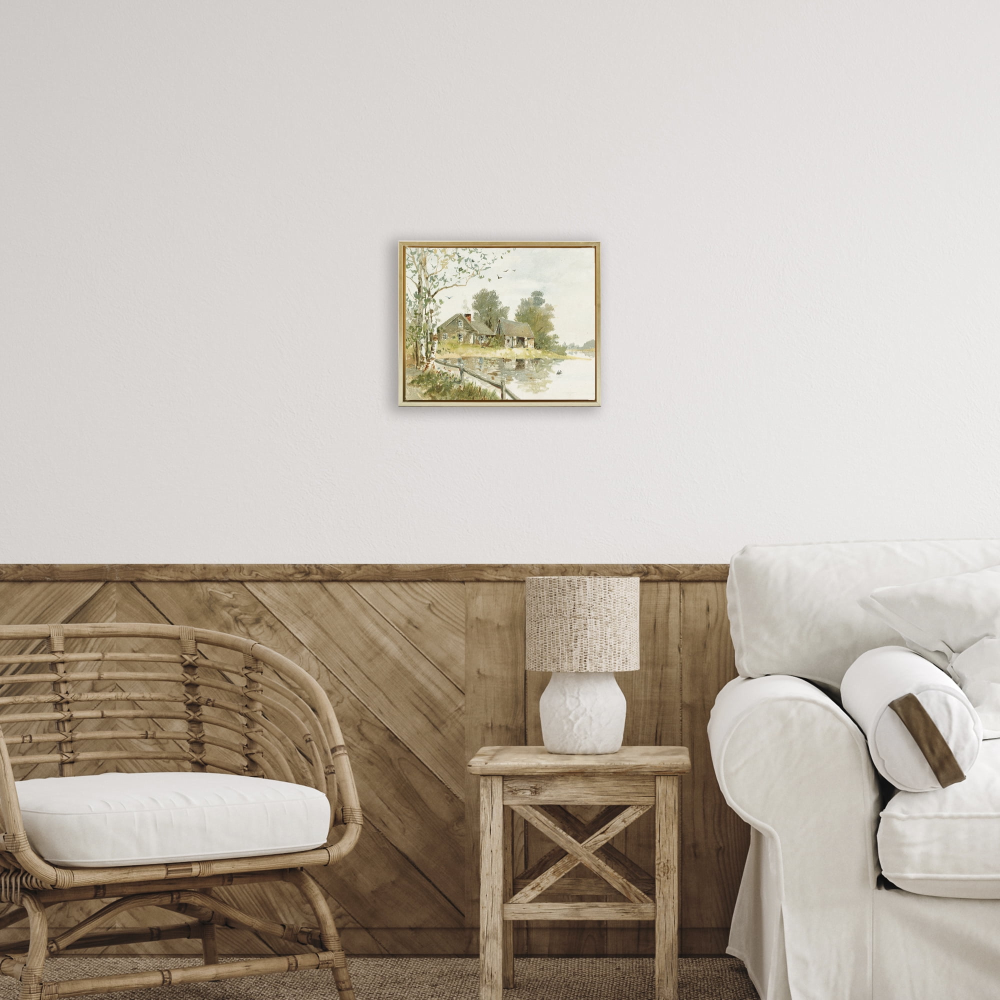 Cabin Along River's Edge Gold Framed Floater Canvas Wall Art, design by Lettered and Lined