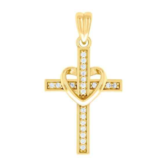 925 Sterling Silver Yellow-tone Unisex Round Cubic Zirconia Love Heart Cross Religious Charm Pendant Necklace 25.5x13.5m