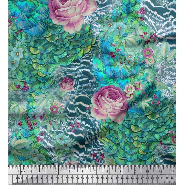 Soimoi Blue Poly Georgette Fabric Peacock & Fish Animal Skin Print Fabric by Yard 42 Inch Wide
