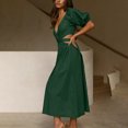 thumbnail image 6 of Summer Dresses for Women Puff Short Sleeve Solid V Neck Midi Dress Waist Hollow Out Cute Beach Long Dress, 6 of 7