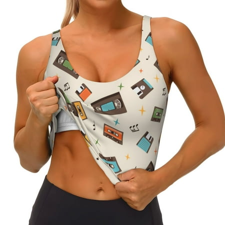 Qokaie Retro Vintage Tape Pattern Womens Scoop Neck Sports Bra Breathable Workout Vest Padded U Back Medium Impact Fitness Gym Yoga Bra Workout Crop Top