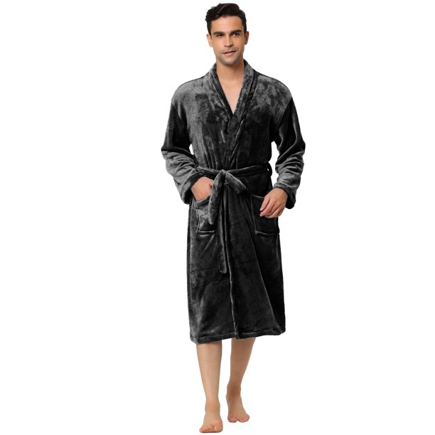 Albornoz de felpa con cuello chal para hombre, manga larga, albornoz de franela y forro polar con cinturón Negro M Unique Bargains Pijama