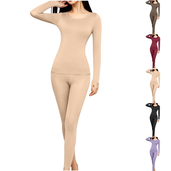 Thermal Underwear for Women Zaewscy Fashion Women Long Sleeve Casual Nightwear Underwear Sleepwear Set Beige L
