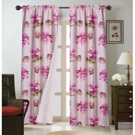 Magnolia Draperies - WARDA-4 Pink Magnolia 1pc Printed Blackout Room Darkening Window Curtain Treatment, Rod Pocket Panel 37