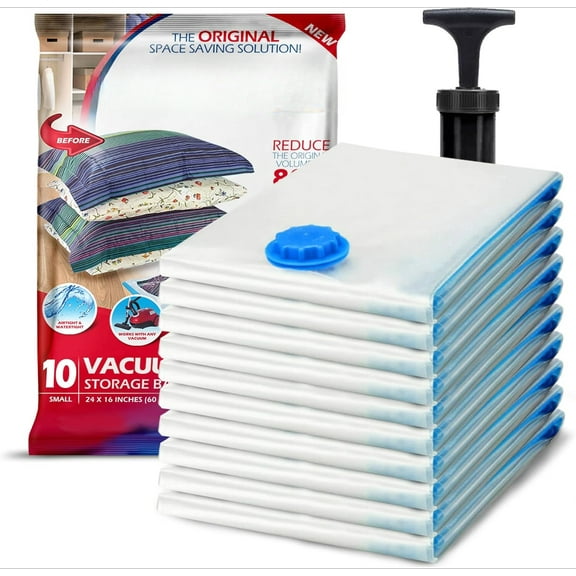 10 Pack Small Vacuum Storage Bags for Quilts, Blankets and Clothes - Vacuum Seal Compression Bags with Hand Pump - Space Saving Storage Bags for Bedding, Moving, Travel and Organizing