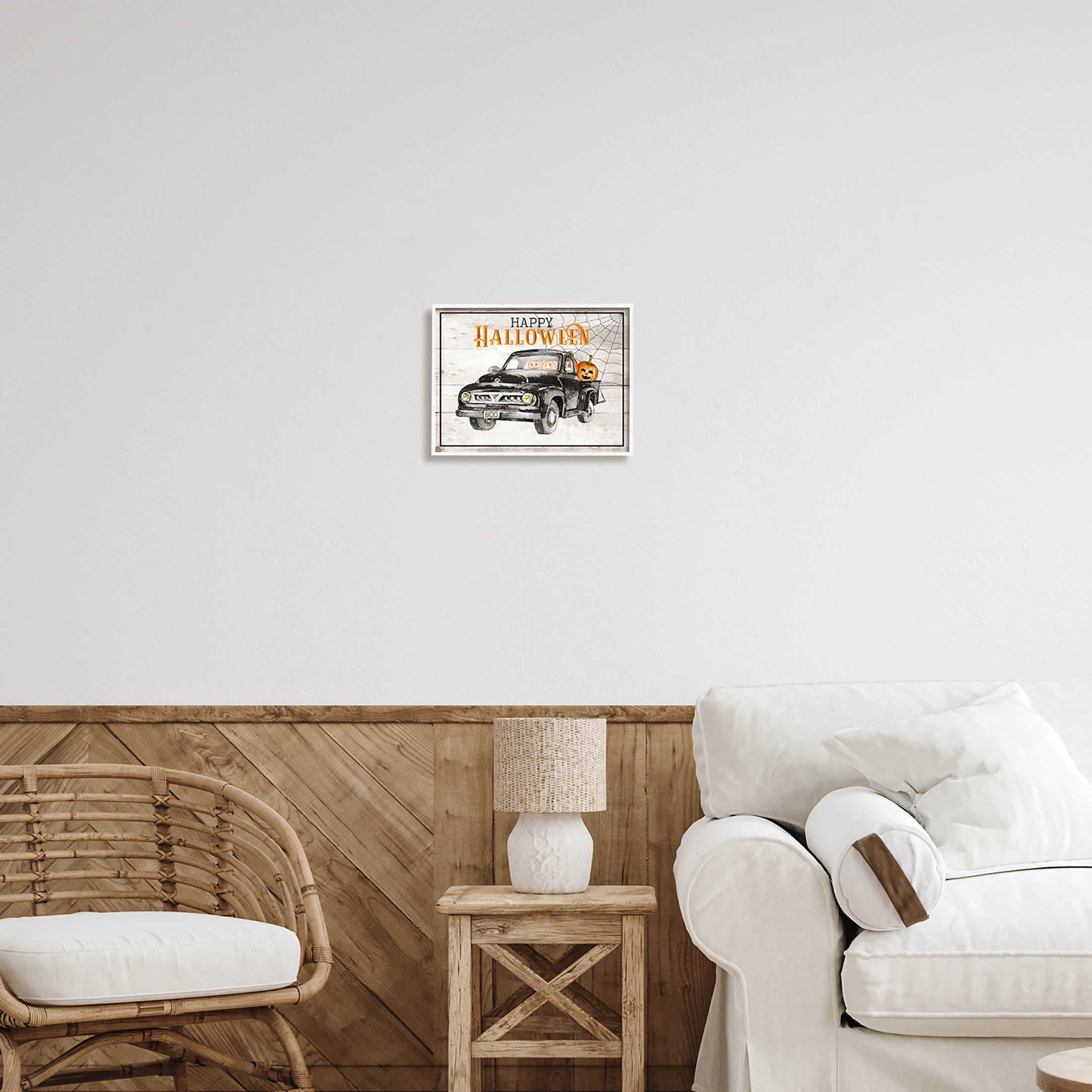 Stupell Industries Happy Halloween Pumpkin Truck Graphic Art White Framed Art Print Wall Art, Design by Daniela Santiago