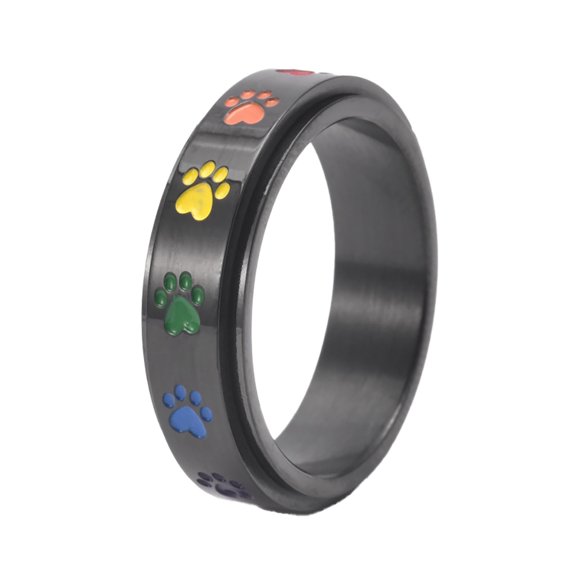 HIJONES Cute Colorful Paw Print Ring for Women Stainless Steel Pet Lovers Warm Healing Companionship Band Black-Rainbow Size 9