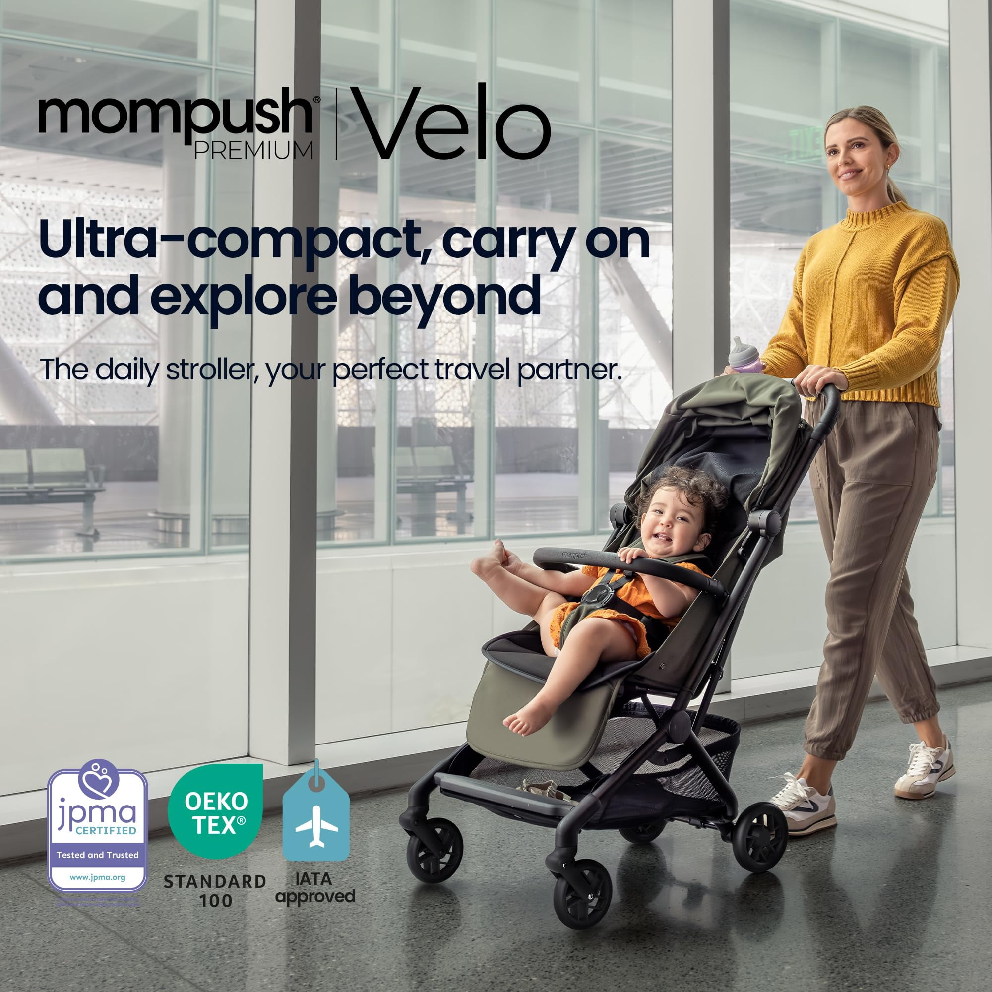 Mompush Velo Lightweight Travel Stroller with Lie-Flat Recline Seat, Airplane Friendly, Black, 18.8 LB, Unisex