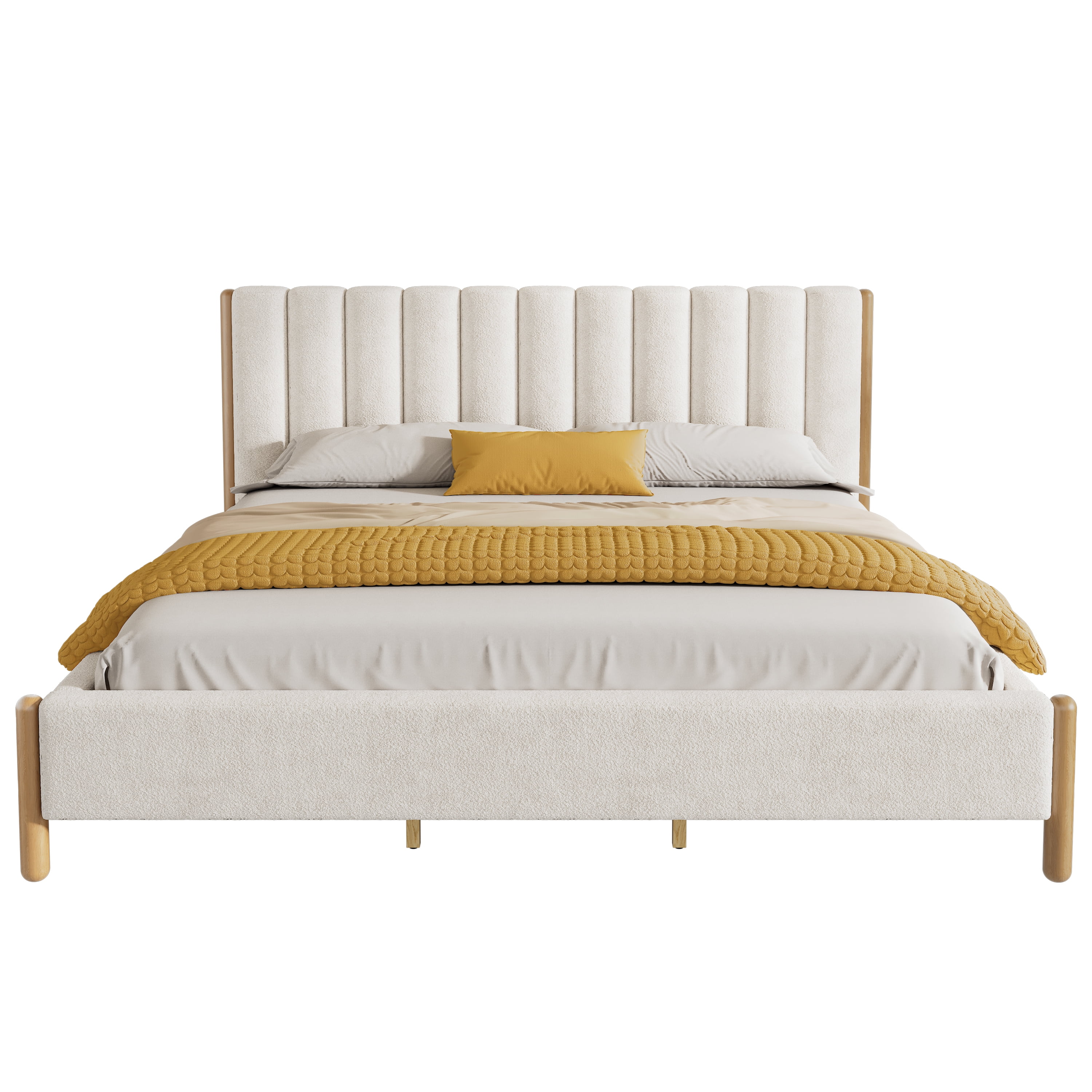 California King Size Bed Frame with Boucle Upholstered Thick Headboard & Solid Wood Legs, Platform Bed for Bedroom, White