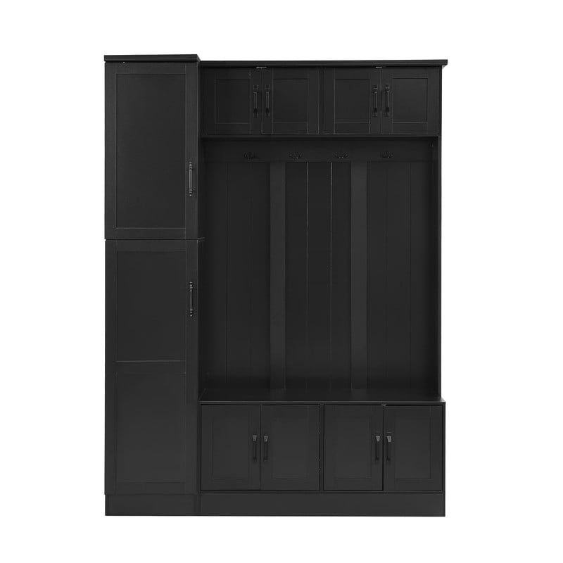Farmhouse Hall Tree with Storage Cabinets, 79'' H Coat Rack with 4 Hooks and Adjustable Shelf, Entryway Bench with Shoe Storage for Hallway, Living Room