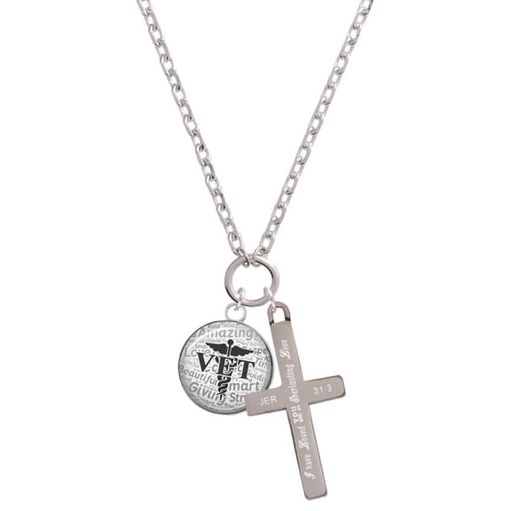 Delight Jewelry Silvertone Domed Black VET Everlasting Love Engraved Cross Zoey Necklace, 28"