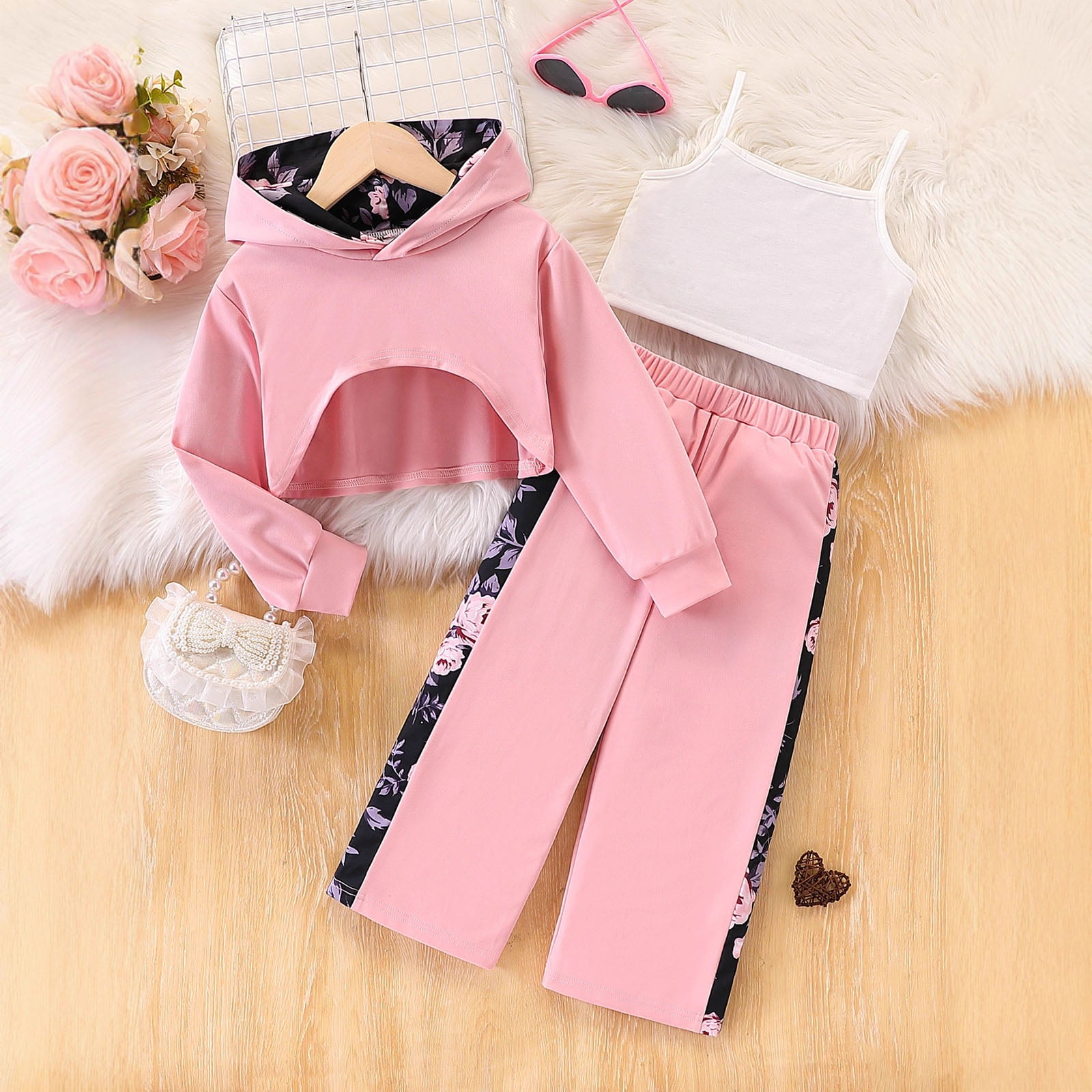 Gubotare Toddler Girls Winter Clothing Sets Girl Outfit Sets Kids Clothes Cute Long Sleeve Pullover Hooded Crop Tops+Sweatpant Set Fall Size 6-7 (Red,6-7 Years)