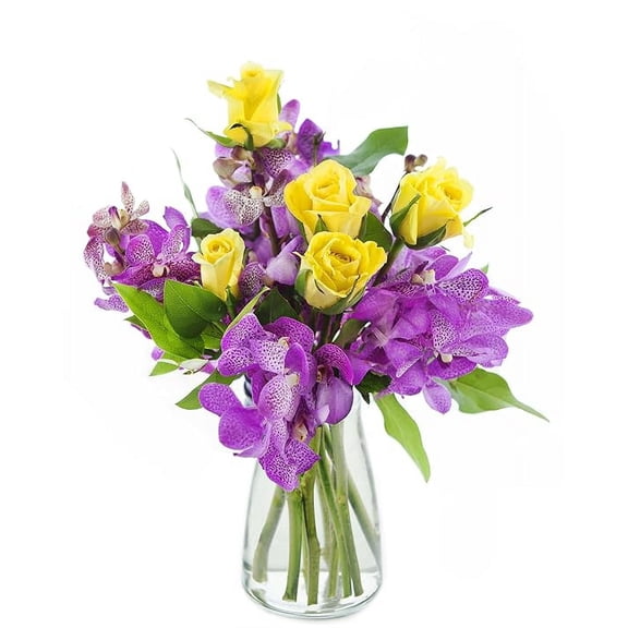 KaBloom : 5 Yellow Roses, 5 Purple Orchids, 6 Greens,Next-Day Delivery, Gift for Every Occasion.