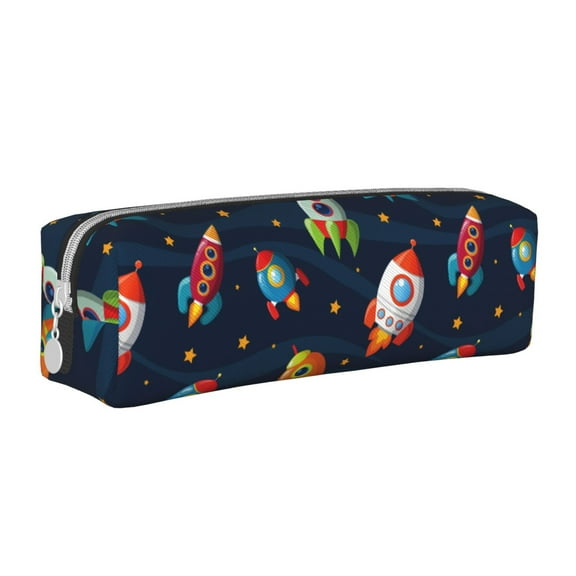 Fotbe Spaceships and Stars Pattern Leather Pencil Case, Pencil Pouch with Durable Zipper, Compact and Stylish Organizer for Stationery, Art Supplies, Travel Essentials