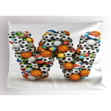 Ambesonne Letter W Pillow Sham, Sports Theme Balls, 26" X 20", Multicolor