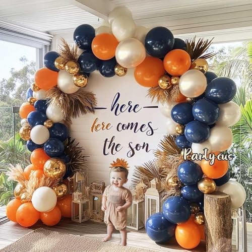 Navy Blue Orange Balloon Garland Arch Kit, Double Stuffed Dark Blue Burnt Orange Pearl White Sand Gold Balloon for Birthday Baby Shower New Year Party Decoration