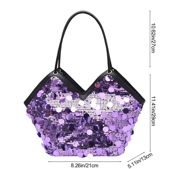 Women Bling Glitter Sequin Shoulder Tote Bag, Shiny Sparkle Purse Elegant Evening Handbag for Party, Purple