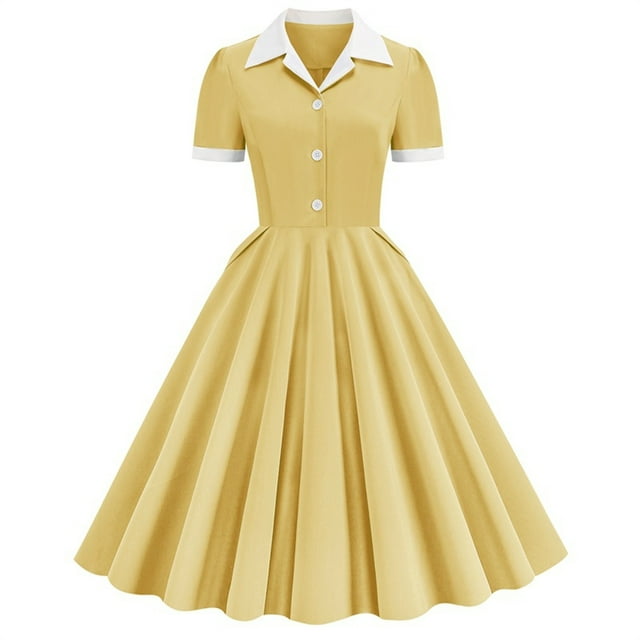 Robe Chemise pour Femmes, Robe Décontractée Longueur Genou Col en V avec Col et Boutons devant, Jupe Trapèze Fluide pour Usage Quotidien (Core : Robe Chemise pour Femmes)