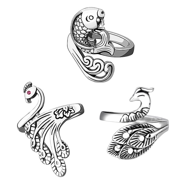 Anillo de cola Anillo de cola étnico Abertura de cobre Artesanía ajustable Aro de tejer con un lado, NJ135 + NJ646 + NJ647, Plata seitruly HA002405-03
