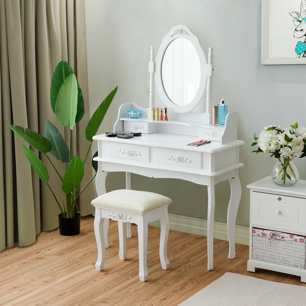 Makeup Dressing Table Vanity Set Mirror Jewelry Storage W
