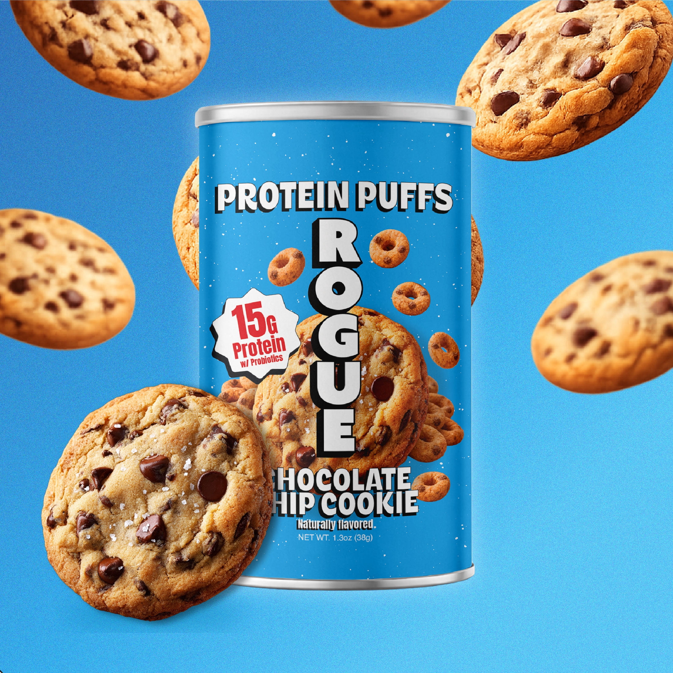 Rogue Snacks, Chocolate Chip Cookie Puffs, 15g Of Protein, Probiotics, 1.3 oz Can