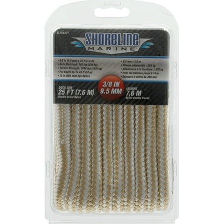 - Shoreline Marine Double Braided Nylon Dock Line, 3/8 in x 25 ft, Gold/White