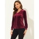 thumbnail image 3 of Blusa de mujer con cuello en V y manga larga de terciopelo con pliegues delanteros y botones borgoña XL, 3 of 5