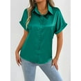thumbnail image 2 of Olyvenn Satin Silk Button Down Shirts Women's Dress Shirts Collared Roll Up Short Sleeve Blouse Ladies Summer Office Work Tops Green XL, 2 of 6