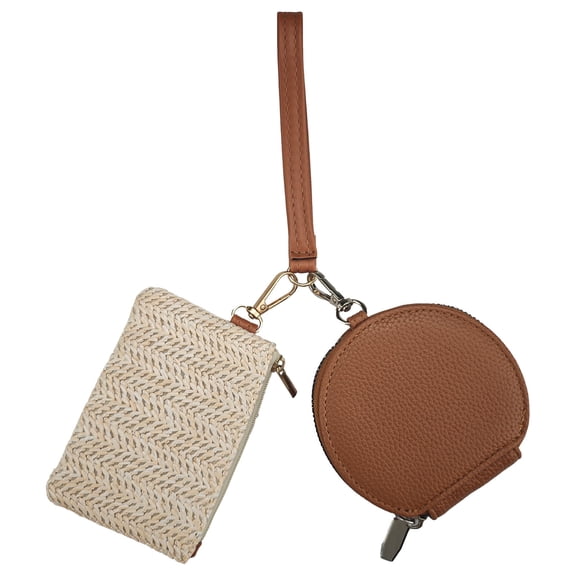 LELE LIFE KeyChain Wallet Wristlet Wallets for Women, Detachable Dual Pouch Wristlet Portable PU Leather Zip Around Coin Purse and Small Straw Woven Pouch, Beige Brown