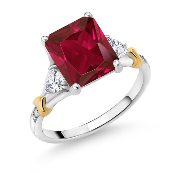 Gem Stone King 925 Silver and 10K Yellow Gold Red Created Ruby and Moissanite and Diamond Engagement Ring for Women (4.14 Cttw, Emerald Cut 10X8MM, Trillion 3.5MM, Size 8)