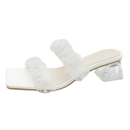 

Youmylove Sandals Women Rhinestone Slippers High Heel Sandals Ruched Mesh Square Toe Bohemian Comfortable Stylish Shoes Ladies Footwear